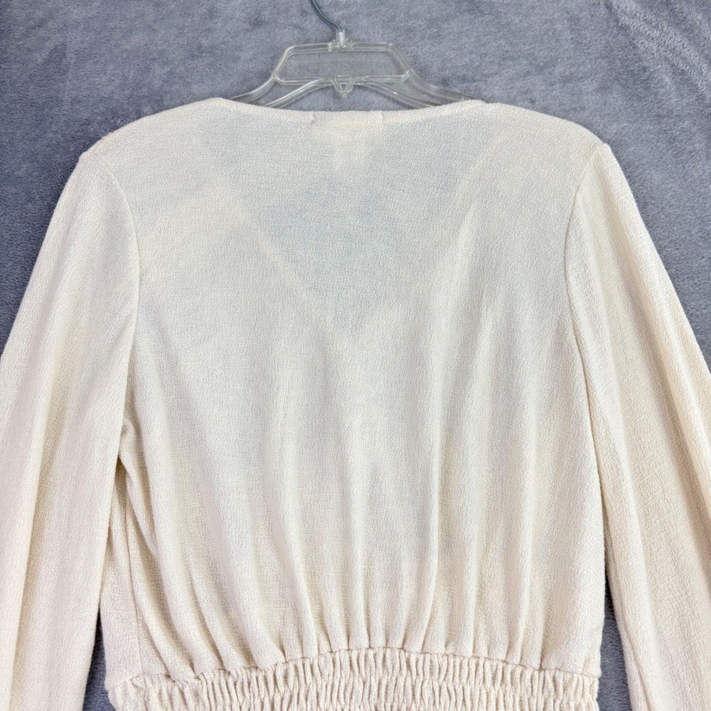 Everleigh Womens S‎ Cream Surplice Wrap Top Smocked Waist Bishop Sleeve Casual - Picture 4 of 8